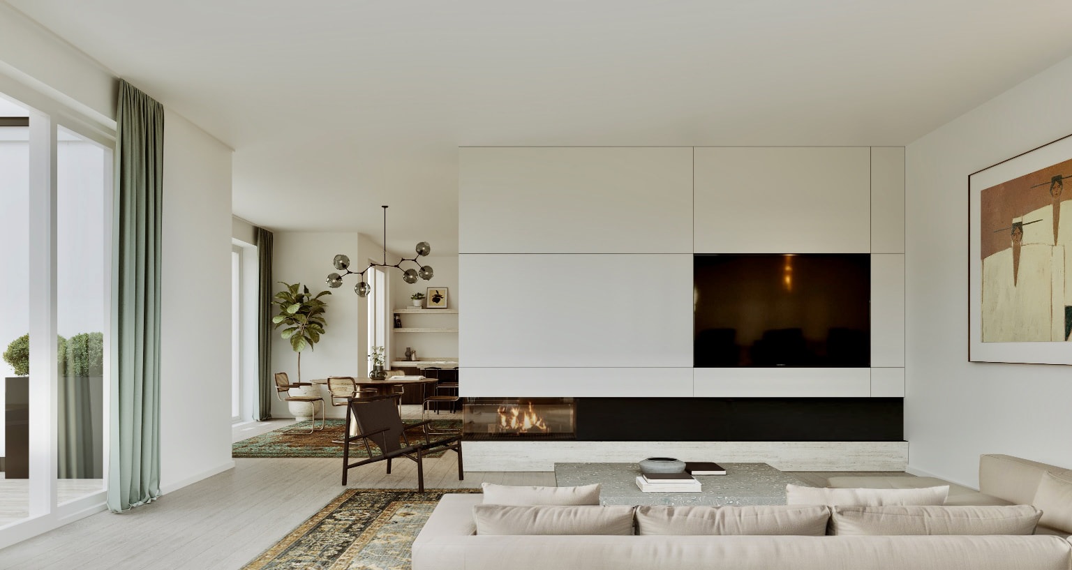 Wohnbereich des Penthouse mit Kamin, Sessel und Essplatz im Hintergrund