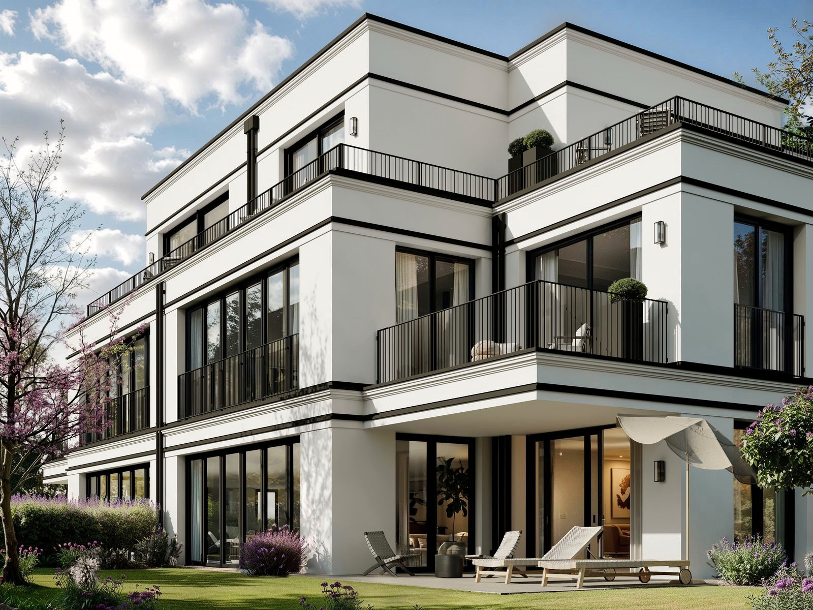 Gartenseite mit Terrasse und Garten der Gartenwohnung